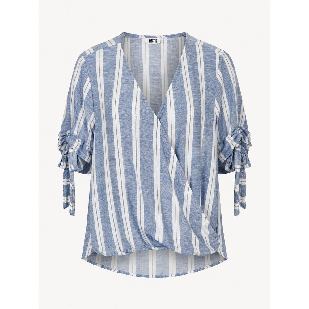 West K Blouse Cross Over Gathered Front Hi Low Stripped Size MP Casual Beachy